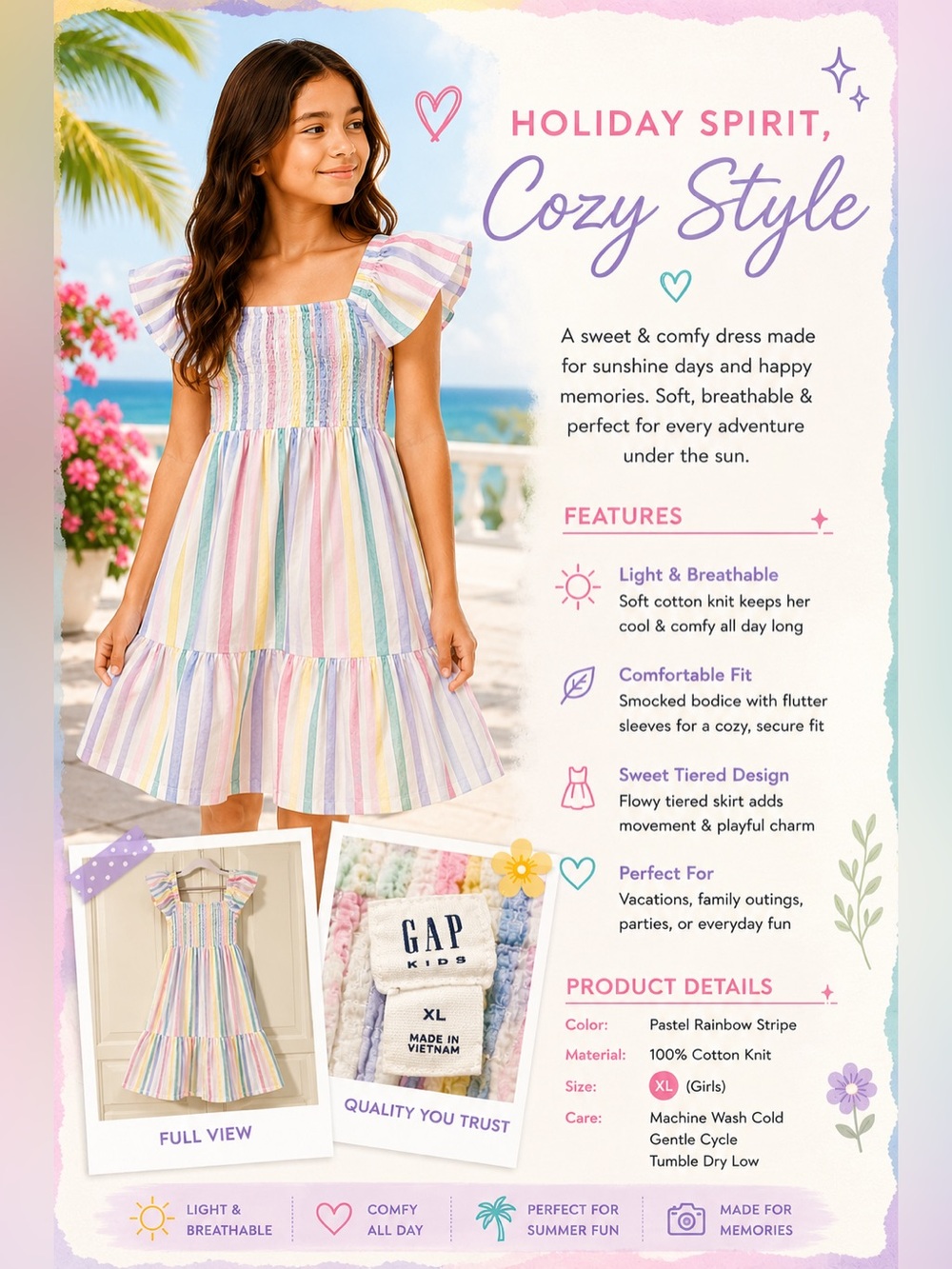 GAP Pastel Rainbow Striped Smocked Flutter-Sleeve Dress